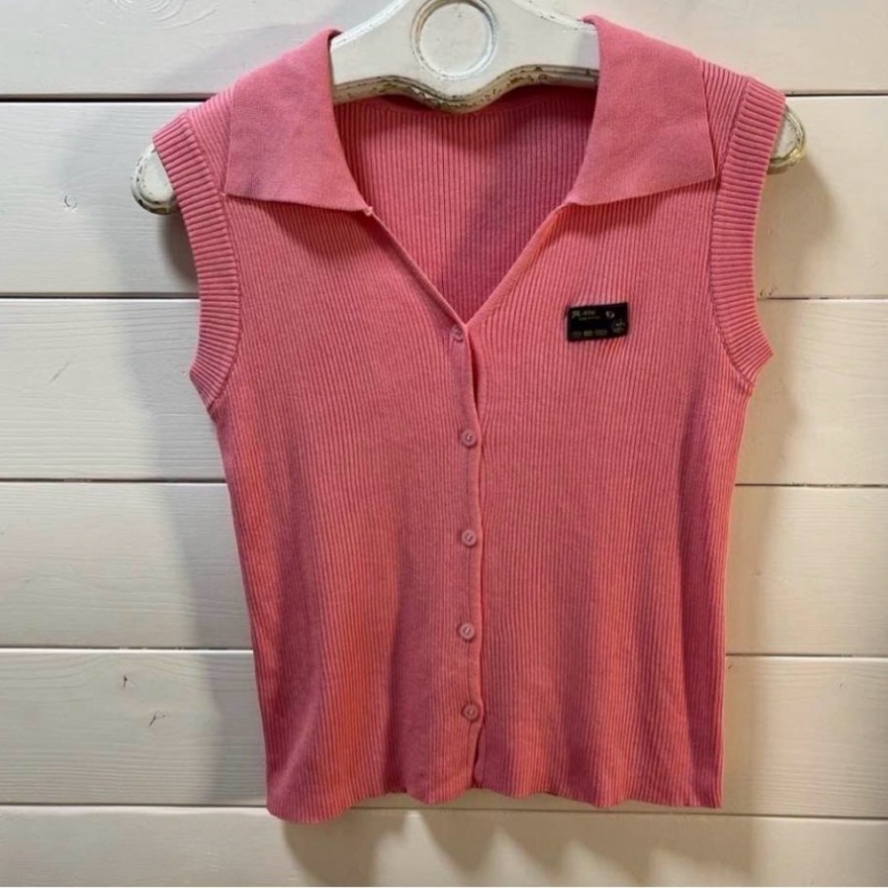 Pink Ribbed Sleeveless Button Front Top Size S - Picture 2 of 5